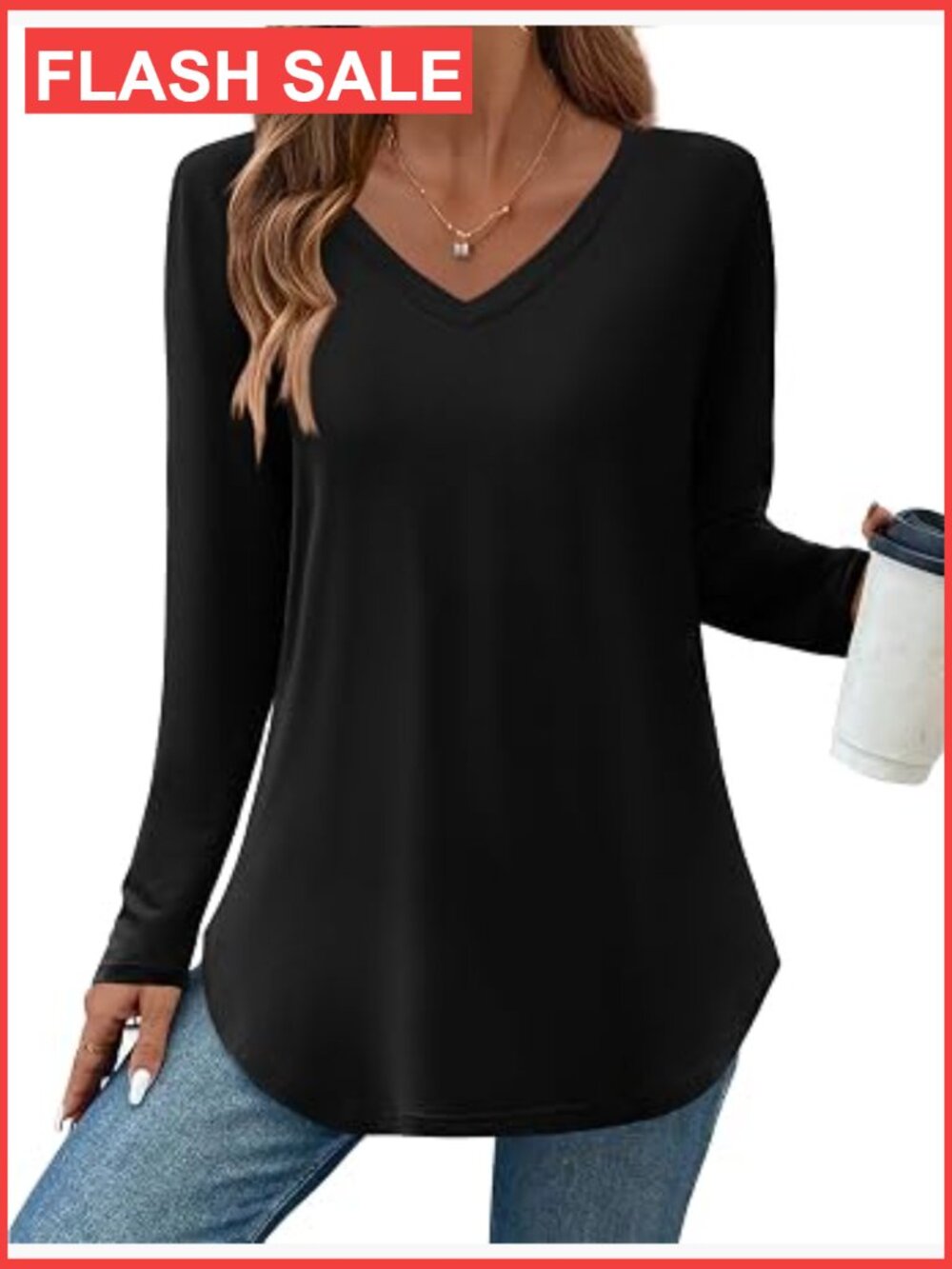 Long Sleeve V-Neck Tunic Top Women's Loose Fit Side Split